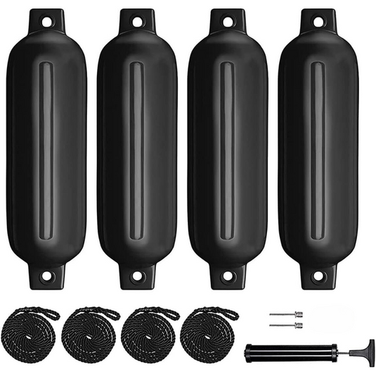 Boat Fenders 4 Pack Inflatable Ribbed Marine Boat with Lines, Needles and Pump | Black - Boat Accessories