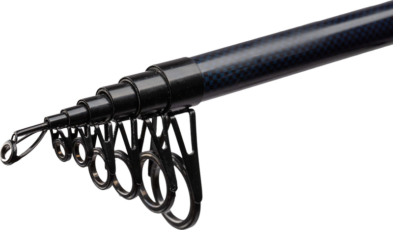 Load image into Gallery viewer, Mikado Trython Mini 240cm Telescopic Spinning Rod. Close-up of the black and blue checkered rod showing the line guides.