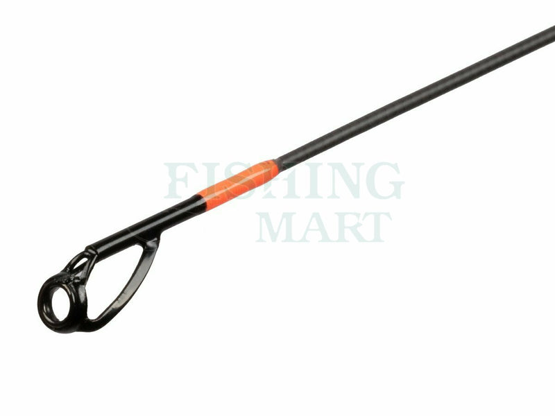 Load image into Gallery viewer, Mikado M-Craft Microjig Solid 193cm Rod, close-up of the rod tip and guide eye, with orange accents on a black blank.