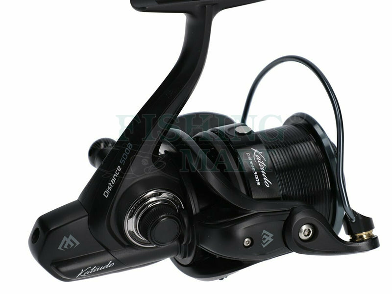 Load image into Gallery viewer, Mikado Katsudo Distance 5008 Spinning Reel in black, showcasing the spool and handle details on a white background.