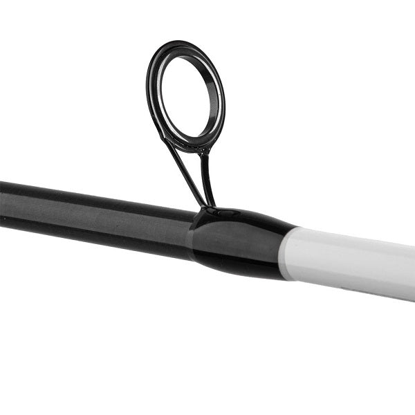 Load image into Gallery viewer, Close-up of a black guide ring on the Mikado Intro II Light Feeder 300 fishing rod, showing the black and white sections.