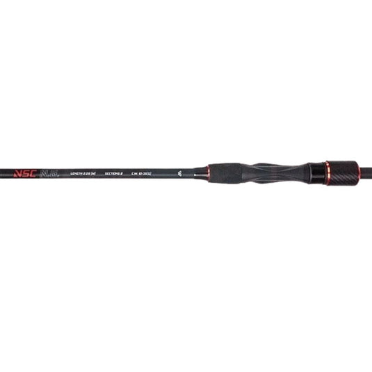 Load image into Gallery viewer, Mikado NSC NG Predator Spin 245cm Rod close-up. Black fishing rod with textured handle and red accents.