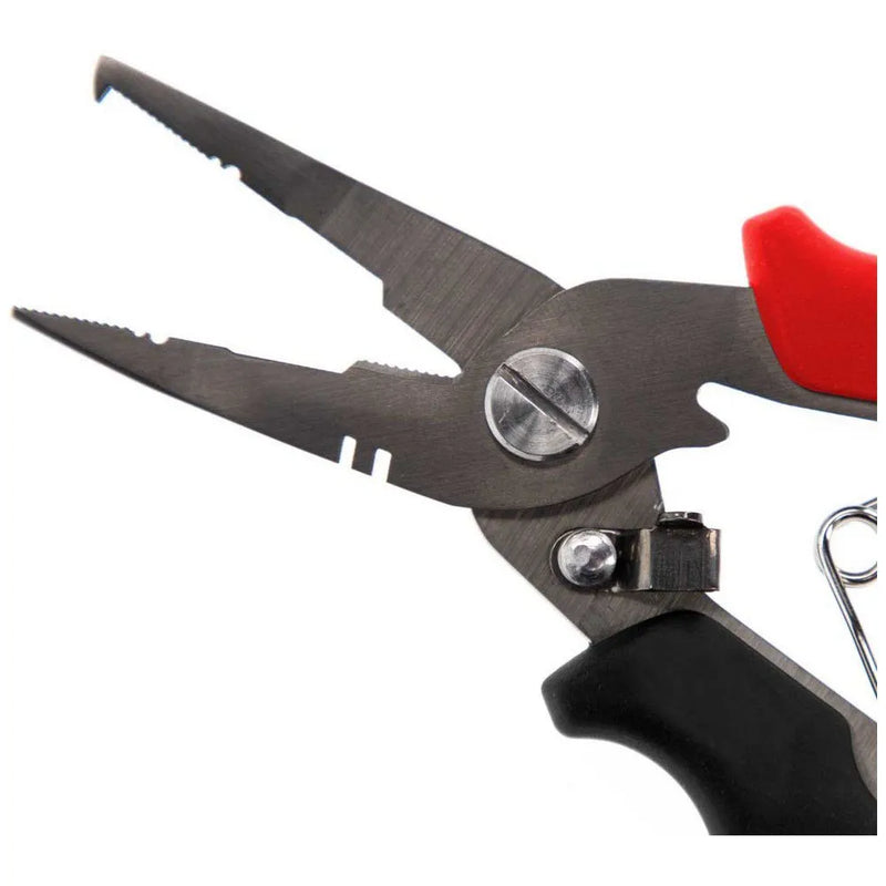 Load image into Gallery viewer, Mikado AMN-845 Multifunctional Fishing Pliers 16cm with open serrated jaws and red/black handles.