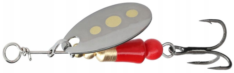 Load image into Gallery viewer, Mikado M-Craft Micro Spinner nr 0 fishing lure with silver blade, gold dots, red body, and sharp treble hook.