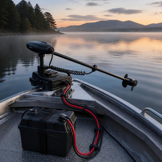Trolling motor on a lake boat wired with marine battery cable