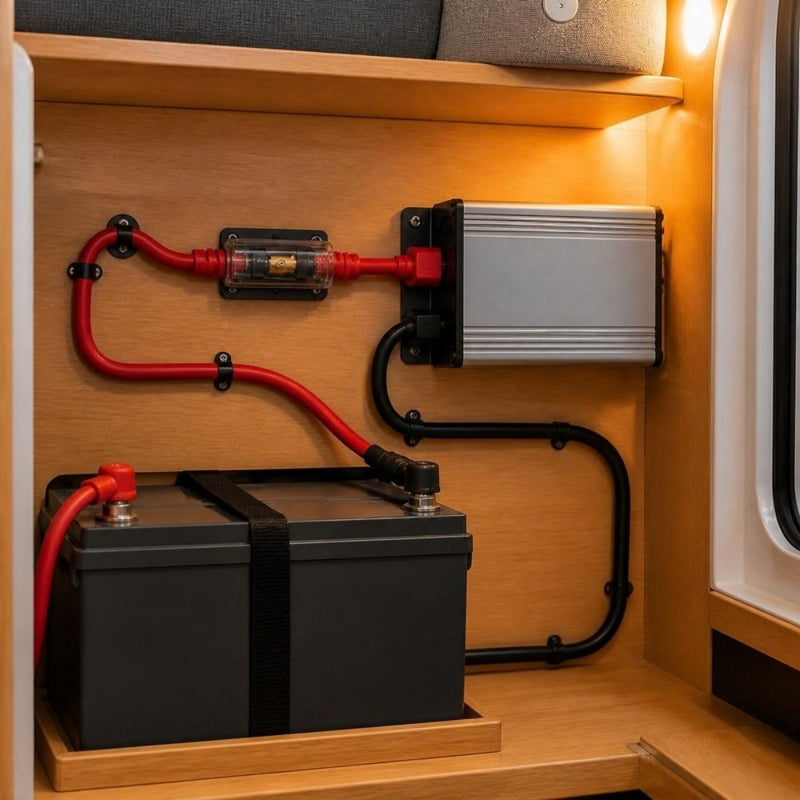Load image into Gallery viewer, Leisure battery and inverter installation wired with marine battery cable
