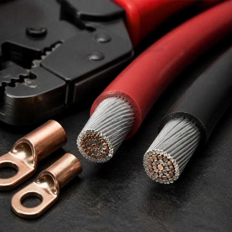 Load image into Gallery viewer, Close-up of tinned copper strands in red and black marine battery cable
