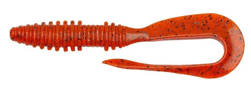 Load image into Gallery viewer, Keitech Mad Wag Mini 3.5" orange soft fishing lure with ribbed body and U-shaped curly tail, speckled.
