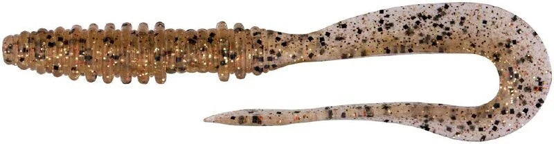 Load image into Gallery viewer, Keitech Mad Wag Mini 3.5" Soft Lure, brown gold glitter ribbed body, U-shaped twin tail for fishing.
