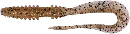 Keitech Mad Wag Mini 3.5" Soft Lure, brown gold glitter ribbed body, U-shaped twin tail for fishing.