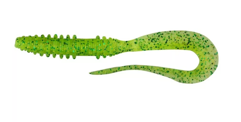Load image into Gallery viewer, Keitech Mad Wag Mini 3.5" Soft Lure in bright green with glitter, featuring a ribbed body and curly tail.
