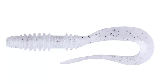 Keitech Mad Wag Mini 3.5" Soft Lure in white with silver glitter, featuring a ribbed body and curly tail.