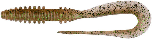 Keitech Mad Wag Mini 3.5" Soft Lure, brown with green and black glitter, ribbed body and curly tail, fishing bait