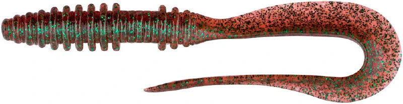 Load image into Gallery viewer, Keitech Mad Wag Mini 3.5" Soft Lure, reddish-brown with green &amp; black glitter, ribbed body, curly tail fishing bait.
