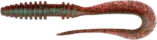 Keitech Mad Wag Mini 3.5" Soft Lure, reddish-brown with green & black glitter, ribbed body, curly tail fishing bait.