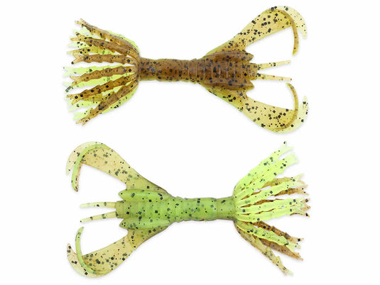 Keitech Hyper Spider 3.2 soft plastic fishing lures in brown/chartreuse and green/chartreuse, creature bait style.