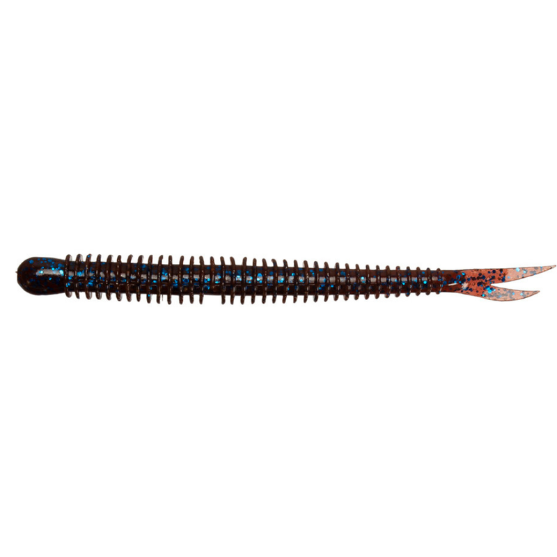 Load image into Gallery viewer, Keitech Live Impact 4" Soft Lure, dark brown with blue flakes, segmented body, and split tail.
