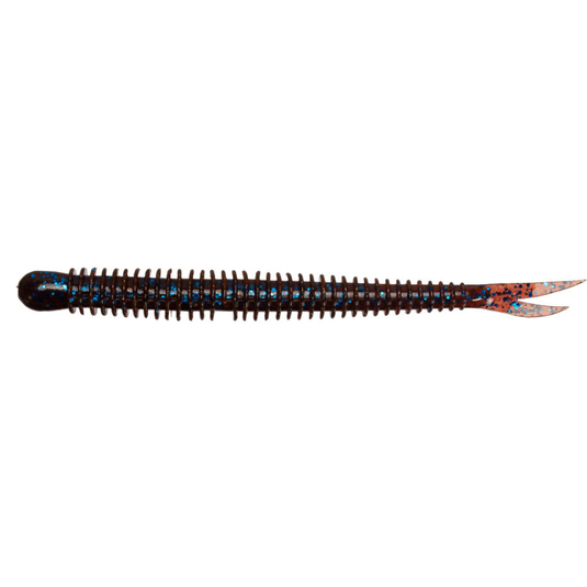 Keitech Live Impact 4" Soft Lure, dark brown with blue flakes, segmented body, and split tail.