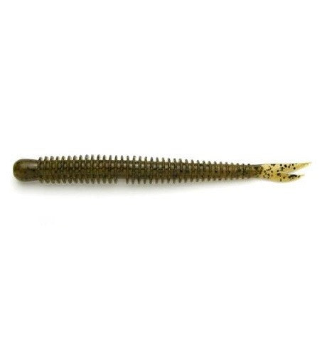 Keitech Live Impact 4" Soft Lure in olive green, featuring a ribbed body and a speckled, forked tail design, isolated on white.