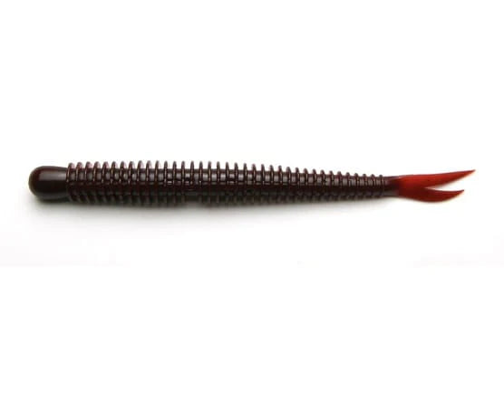 Load image into Gallery viewer, Keitech Live Impact 4" Soft Lure in dark brown with a reddish-orange forked tail, isolated on white.
