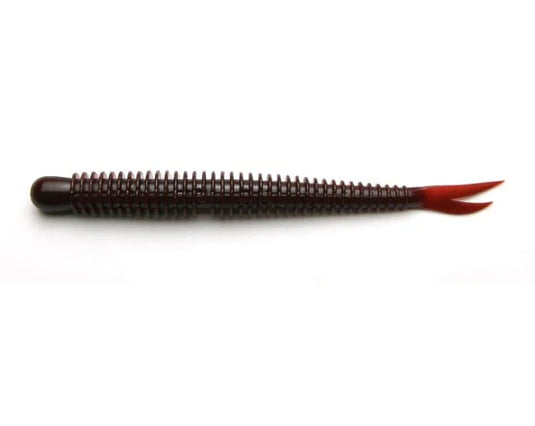 Keitech Live Impact 4" Soft Lure in dark brown with a reddish-orange forked tail, isolated on white.