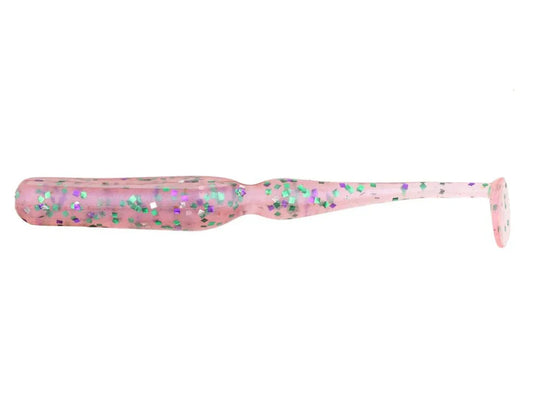 Keitech Swing Bait 2.8" Soft Lure, pink clear with green and purple glitter paddle tail swimbait.