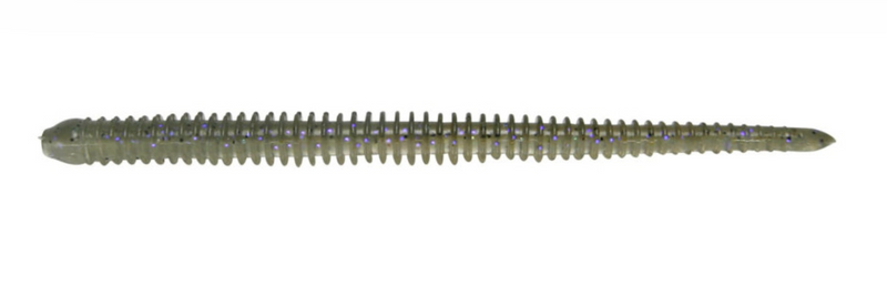 Load image into Gallery viewer, Keitech Easy Shaker 4.5" Soft Lure in greenish-grey with purple and blue flakes, a ribbed, slender fishing bait.
