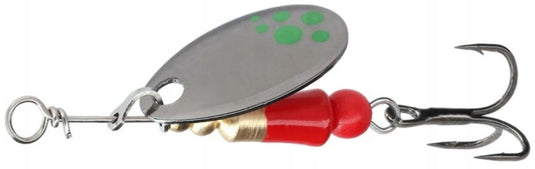 Mikado M-Craft Micro Spinner nr 0, silver blade with green dots, red body, and treble hook.