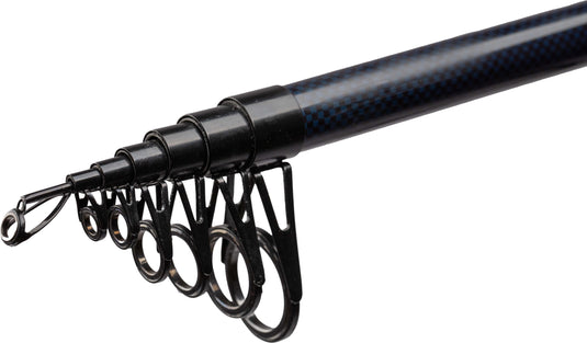 Mikado Trython Mini 240cm Telescopic Spinning Rod. Close-up of the black and blue checkered rod showing the line guides.