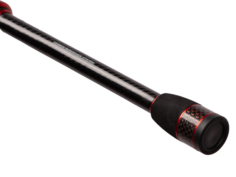 Load image into Gallery viewer, Mikado MFT Elite 275cm Spinning Rod handle with black carbon fiber and red accents, showing 'CARBON RESONANCE SYSTEM'.
