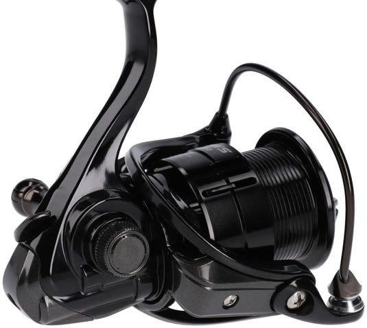 Mikado Jaws 3008 FD Spinning Reel, black, on white background. Durable fishing gear for anglers.