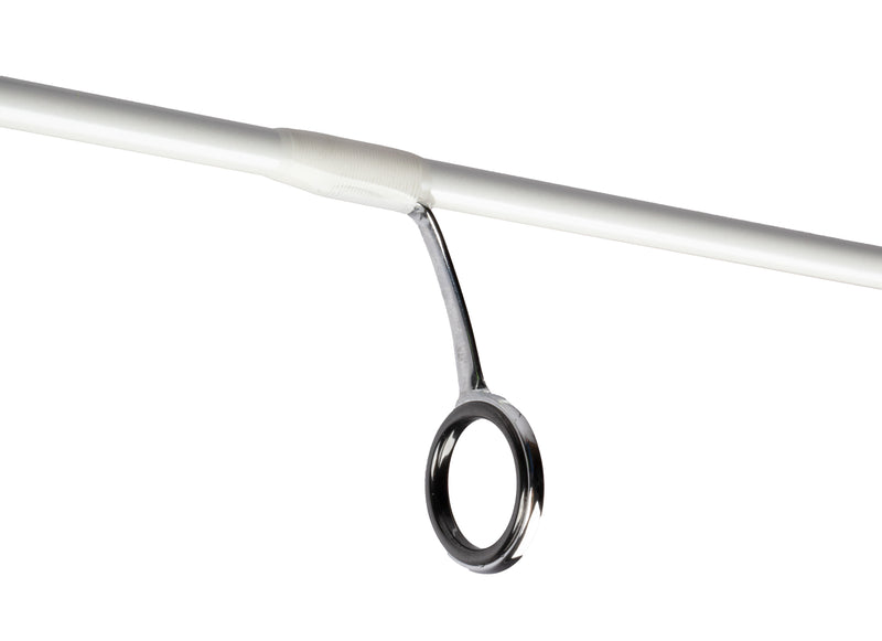 Load image into Gallery viewer, Close-up of a guide on the white Mikado M-Craft Snowflake 185cm Ultralight Rod, featuring a chrome frame and black inner ring.
