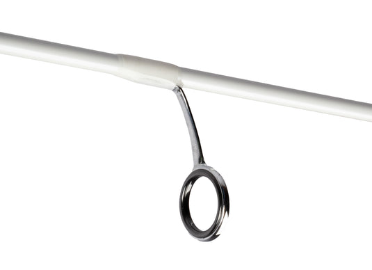 Close-up of a guide on the white Mikado M-Craft Snowflake 185cm Ultralight Rod, featuring a chrome frame and black inner ring.