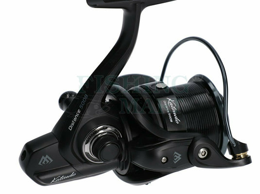 Mikado Katsudo Distance 5008 Spinning Reel in black, showcasing the spool and handle details on a white background.