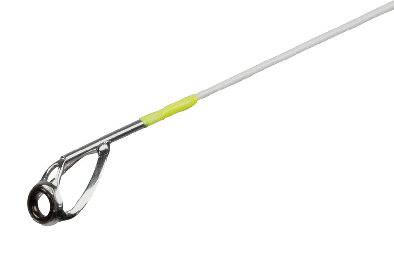Load image into Gallery viewer, Close-up of the tip of a Mikado M-Craft Snowflake 185cm Ultralight Rod with a silver line guide and neon yellow wrap
