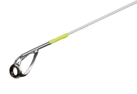 Close-up of the tip of a Mikado M-Craft Snowflake 185cm Ultralight Rod with a silver line guide and neon yellow wrap