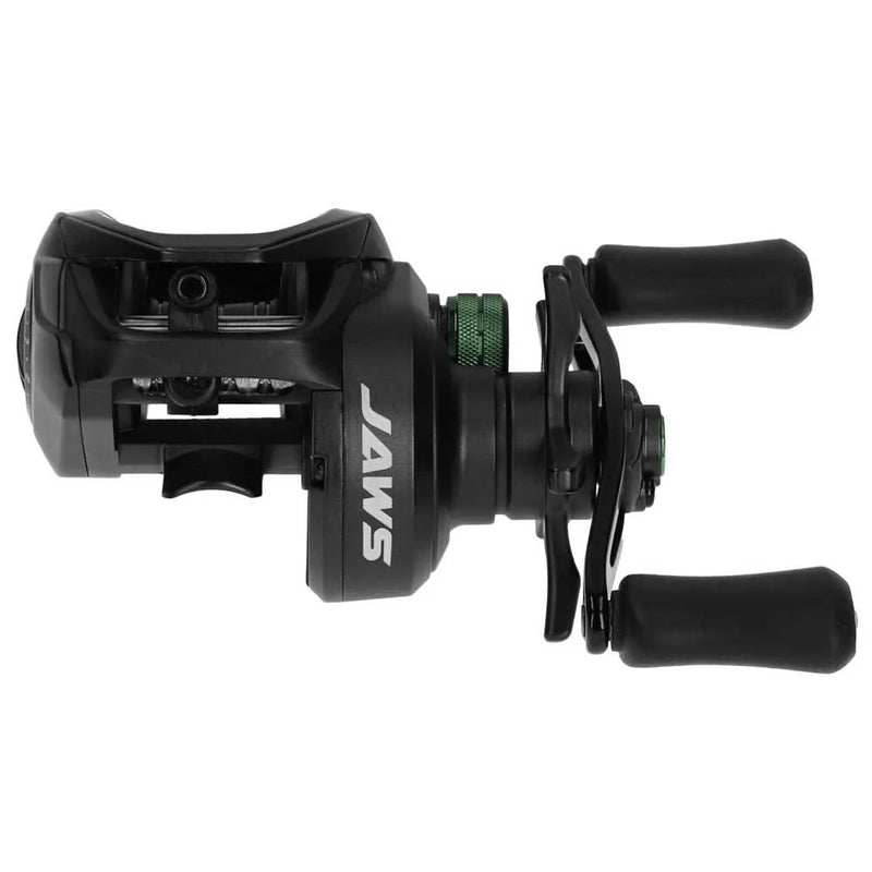 Load image into Gallery viewer, Mikado Jaws 151 LH Baitcasting Multiplier Reel in black with green accents, visible Jaws logo on the side.
