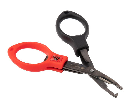 Mikado AMN-859 Folding Scissors Braid & Mono, orange and black fishing scissors with metal pliers