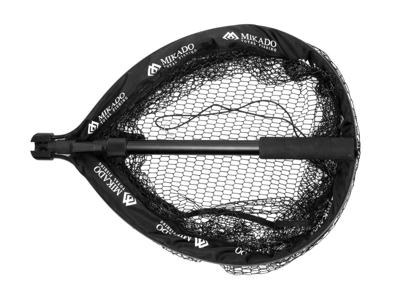 Load image into Gallery viewer, Mikado MFT Foldable Landing Net 135cm. Black fishing net with handle and hexagonal mesh on a white background.
