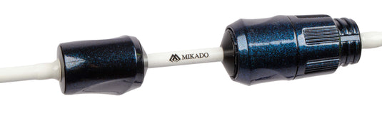 Mikado M-Craft Snowflake 185cm Ultralight Rod, showing its dark blue glitter reel seat and white rod blank with logo.