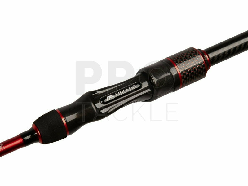 Load image into Gallery viewer, Close-up of Mikado MFT Perch 240cm Spinning Rod, showing the black and red reel seat with carbon fiber details.
