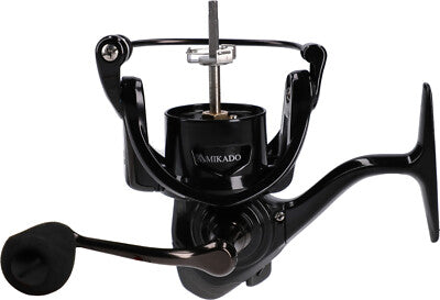 Mikado Jaws 4008 FD Spinning Reel in black, featuring a foam grip handle, on a white background.