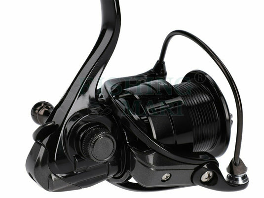Mikado Jaws 4008 FD Spinning Reel, black fishing reel with handle and spool on a white background