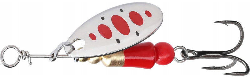 Load image into Gallery viewer, Mikado M-Craft Micro Spinner nr 0, a fishing lure featuring a silver blade with red polka dots, a red body, and a sharp treble hook.

