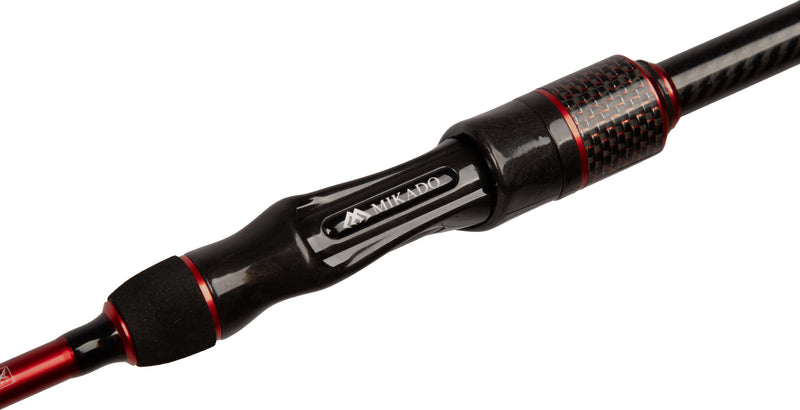 Load image into Gallery viewer, Mikado MFT Perch 208cm Spinning Rod close-up, showing black and red handle with carbon fiber details and Mikado logo.
