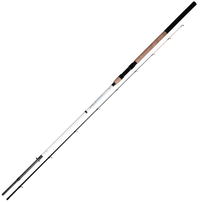 Load image into Gallery viewer, Mikado Intro II Light Feeder 300 fishing rod, black and white with a cork handle, isolated on white background.

