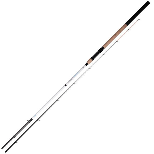 Mikado Intro II Light Feeder 300 fishing rod, black and white with a cork handle, isolated on white background.