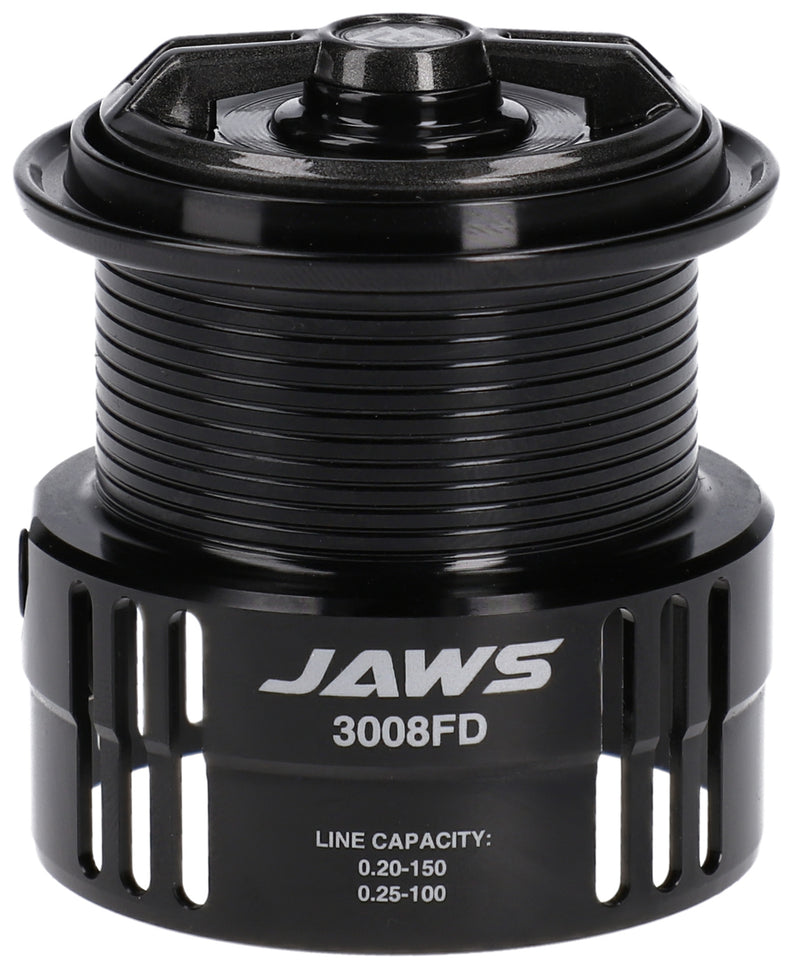 Load image into Gallery viewer, Mikado Jaws 3008 FD Spinning Reel, black with line capacity details visible.
