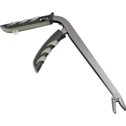 Mikado AMN-848 Pistol Pliers 24cm, gray fishing pliers with textured grip handles and serrated jaws.