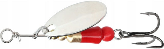 Mikado M-Craft Micro Spinner nr 0 fishing lure with a silver blade, red and brass body, and a black treble hook.